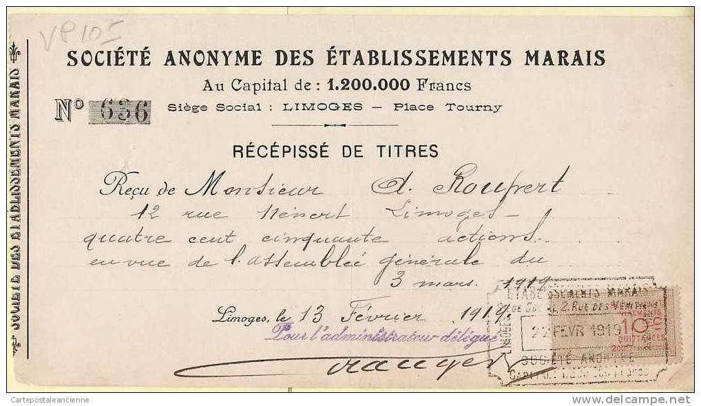 S.A MARAIS Limoges RECEPISSE TITRES 13.02.1919 à ROUPERT Rue Nenert Haute Vienne TIMBRE QUITTANCES 10cts VPFACT - Non Classés