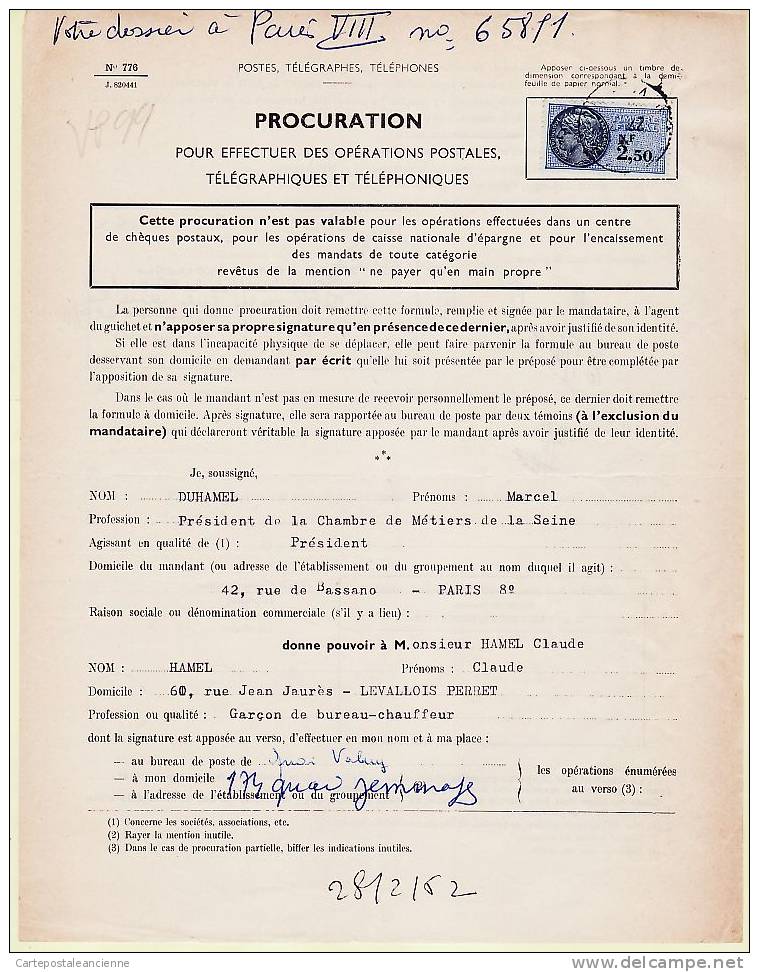 PROCURATION POSTALE 23.02.1962 DUHAMEL Président Chambre Metiers à  HAMEL Garçon Bureau Chauffeur TIMBRE FISCAL VPFACT - Non Classificati