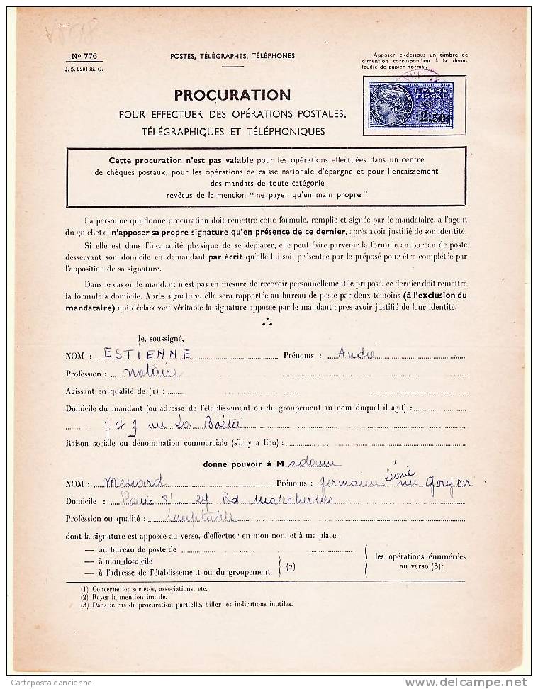 PTT PROCURATION POSTALES TELEGRAPHIQUES 06.05.1960 De ESTIENNE Notaire Rue Boetie à MENARD Paris TIMBRE FISCAL 2.50 NF V - Unclassified