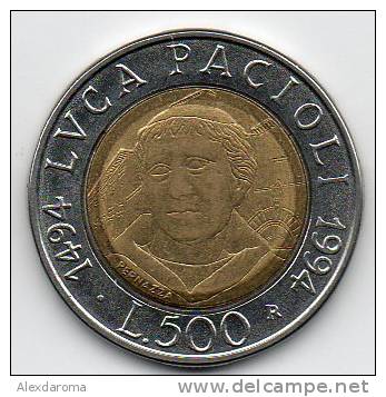 500 LIRE BIMETALLICHE LUCA PACIOLI 1994 - 500 Liras
