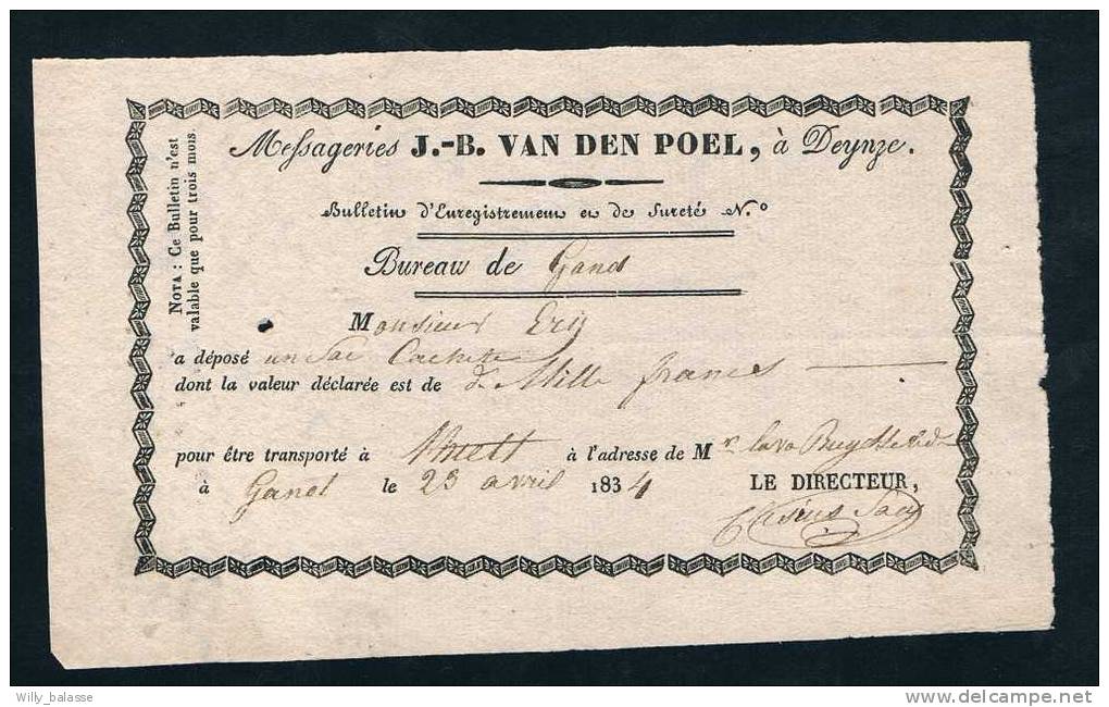 Belgique Précurseur 1834 Bordereau Des Messageries "VAN DEN POEL" à Deinze Enregistré Au Bureau De Gand Pour Thielt. - 1830-1849 (Belgica Independiente)