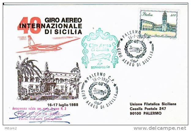 7-Aerei-Aviazione-Aviation-Italia- 40° Giro Aereo Di Sicilia Volato Aereo N.3-1988-Pilota S.Travagliante-Numerata 0402- - Poste Aérienne