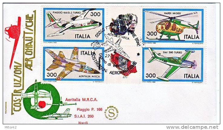 2-Aerei-Aviazione-Aviation-Avions-Airplane- Italia-blocco 4 Francobolli Aerei Su F.D.C. Filagrano-Annullo Speciale 1982 - Poste Aérienne