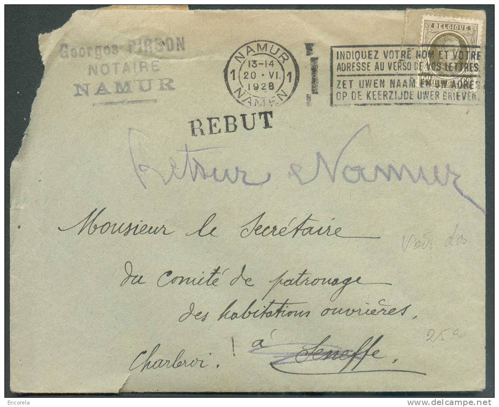 60 Cent. Houyoux Obl. Mécanique De NAMUR 1 S/L. Du Notaire Pirson Le 20-VI-1928 Vers Seneffe (biffé) + Griffe REBUT + (v - 1922-1927 Houyoux