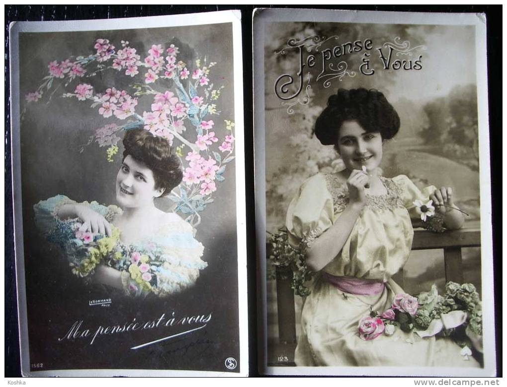 Lot 2 CPA - Je Pense à Vous - Vrouw - Bloemen - Femme - Fleurs - 1905 - 1910  -  Lot 1.9 - Valentinstag