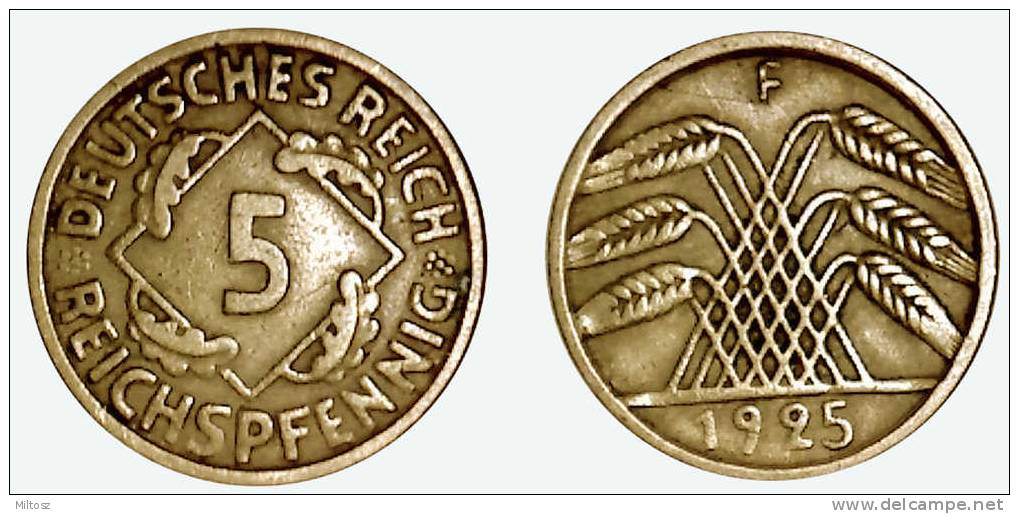 Germany 5 Reichspfennig 1925 F (large 5) - 5 Rentenpfennig & 5 Reichspfennig