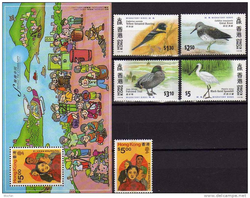 Dienst An Der Gemeinschaft 1997 Hongkong 784,811/4+Block 44 ** 9€ Zugvögel Bird And Cartoons Bloc M/s Sheet Bf HONG KONG - Blocks & Sheetlets