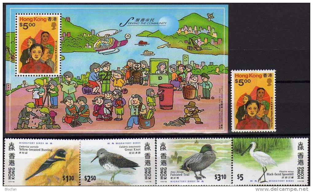 Dienst An Der Gemeinschaft 1997 Hongkong 784,811/4+Block 44 ** 9€ Zugvögel Bird And Cartoons Bloc M/s Sheet Bf HONG KONG - Blocks & Sheetlets