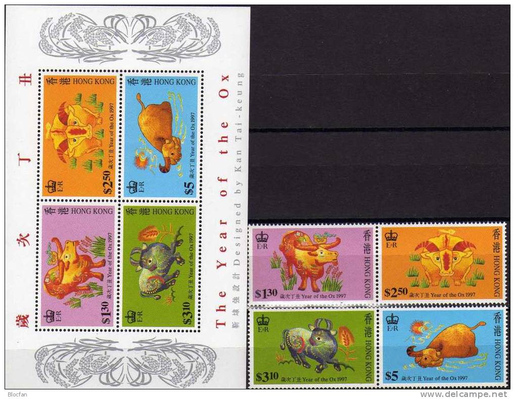 Year Of The Ox 1997 Hongkong 785/8 Plus Block 45 ** 8€ Chinese New Years Embroidery Bloc Sheetlet From HONG KONG - Blocks & Kleinbögen