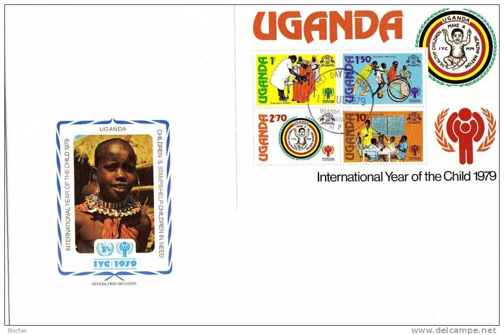 UNO Jahr Des Kindes 1979 Uganda 203/6+Block 16 Auf FDC 14€ UNESCO Erziehung Bloque Hoja Bloc M/s Sheet Cover Bf Children - Uganda (1962-...)