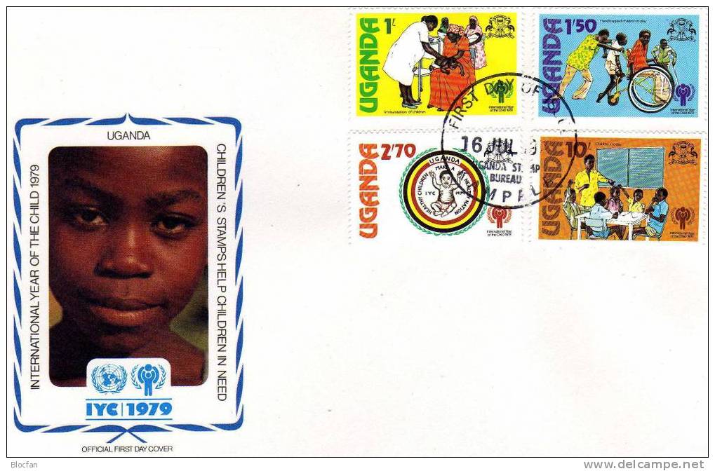 UNO Jahr Des Kindes 1979 Uganda 203/6+Block 16 Auf FDC 14€ UNESCO Erziehung Bloque Hoja Bloc M/s Sheet Cover Bf Children - Oeganda (1962-...)