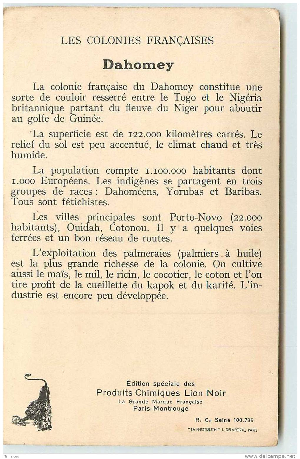 AFRIQUE - LE DAHOMEY - CARTE GEOGRAPHIQUE Avec DESCRIPTION Et HISTOIRE Du PAYS - 2 Scans - Dahomey