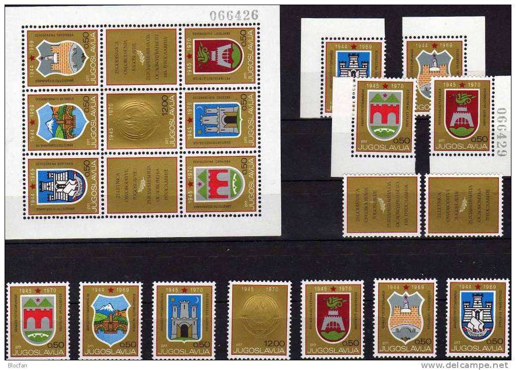 Varianten Wappen 1970 Jugoslawien 1383/9,18xZD,4ER+Block 16 ** 80€ Sarajevo Beograd Skopje Zagreb Ms Sheet Bf Yugoslavia - Guerre Mondiale (Seconde)