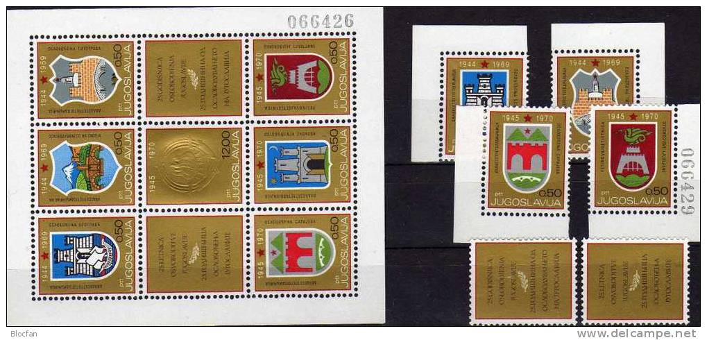 Varianten Wappen 1970 Jugoslawien 1383/9,18xZD,4ER+Block 16 ** 80€ Sarajevo Beograd Skopje Zagreb Ms Sheet Bf Yugoslavia - Guerre Mondiale (Seconde)