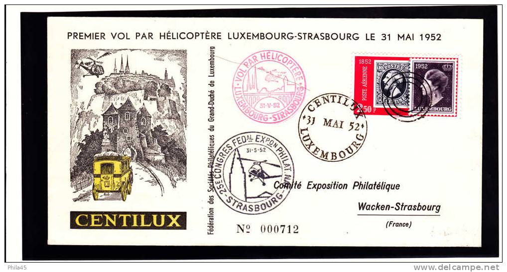 Lettre LUXEMBOURG : 1er Vol Par Hélicoptère LUXEMBOURG - STRASBOURG Le 31.5.1952 - Storia Postale