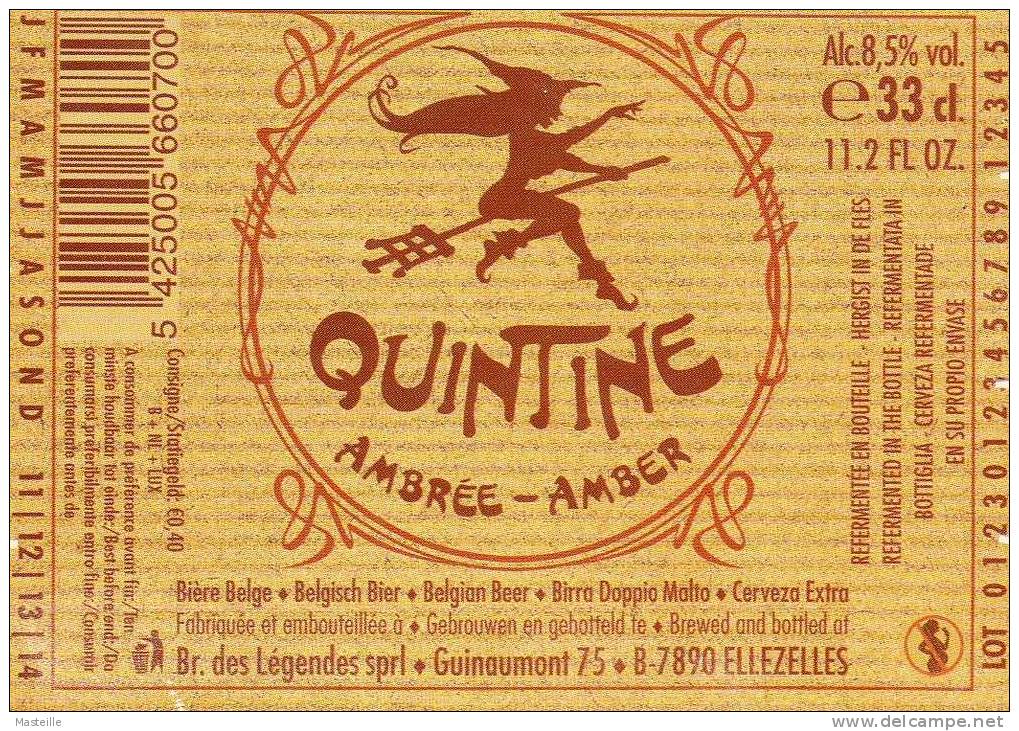 Etiquette Bière Quintine Ambrée 33 Cl Brasserie Des Légendes Ellezelles Etiket Ale Label - Bier