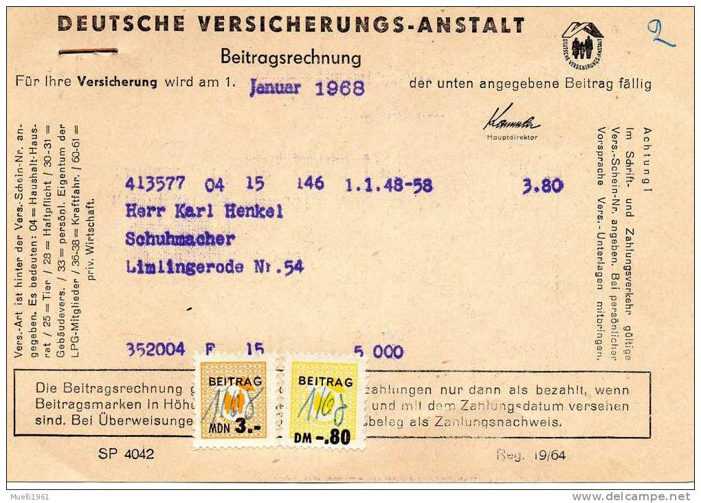 Deutsche Versicherungsanstalt, Beitragsrechnung 1968 - Cartas & Documentos