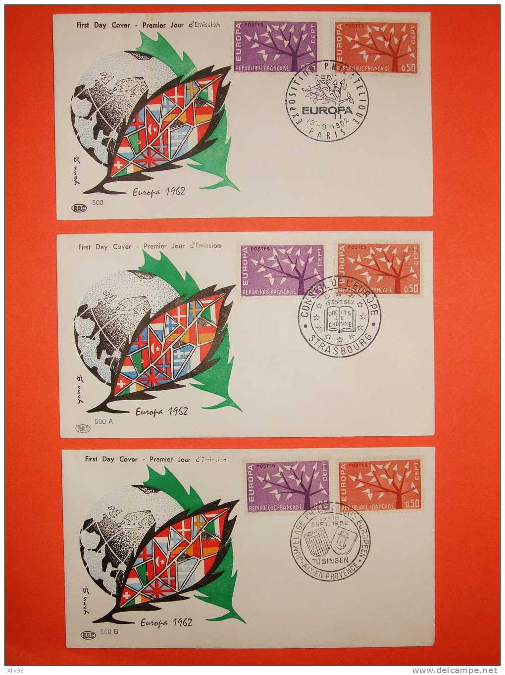 FRANCE 1er JOUR 1962-Paire N°1358/59 Europa Sur 3 Enveloppes.  Superbe - 1962
