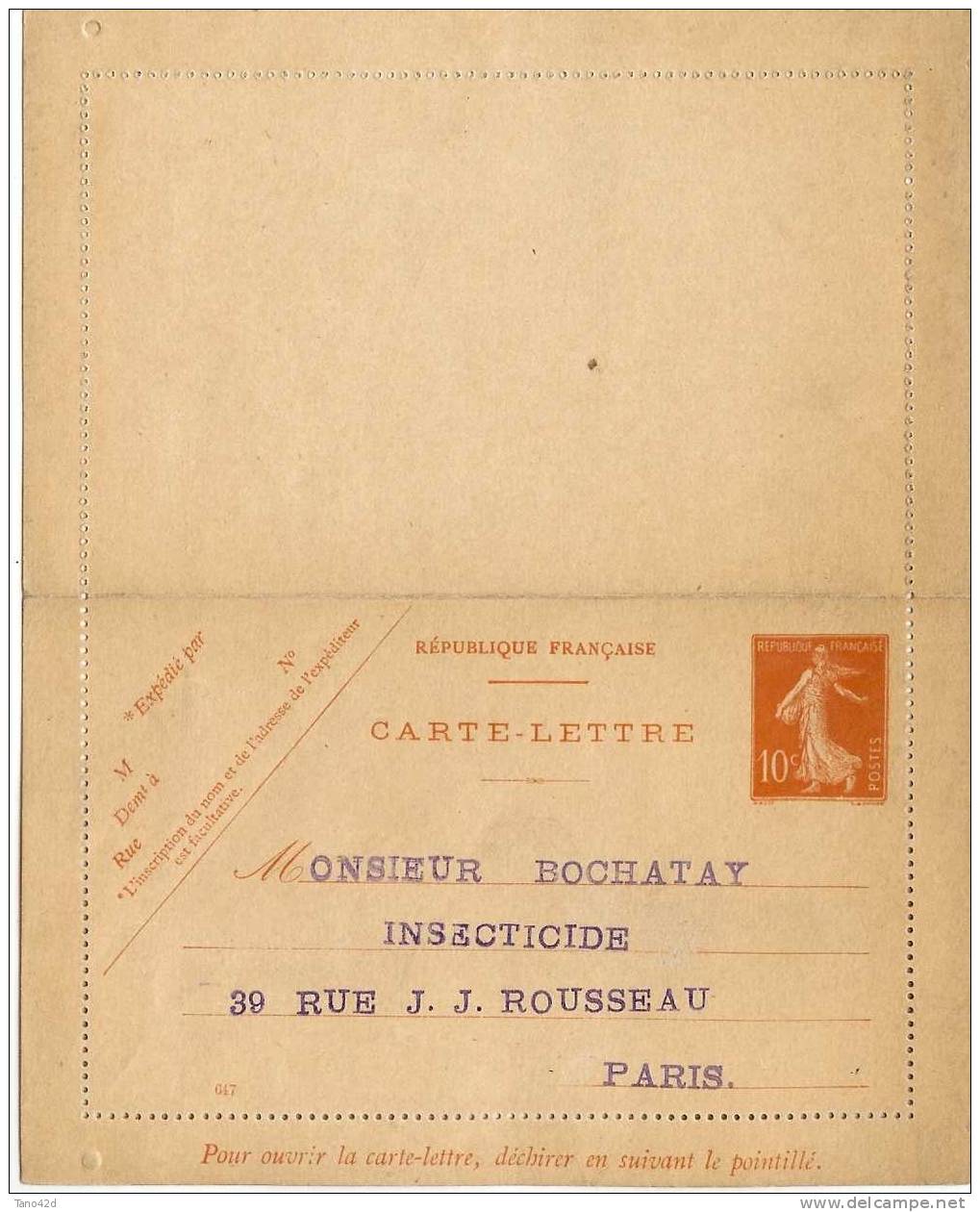 FRANCE - CARTE LETTRE TYPE SEMEUSE MAIGRE 10c REPIQUAGE M. BOCHATAY NEUVE - Cartes-lettres