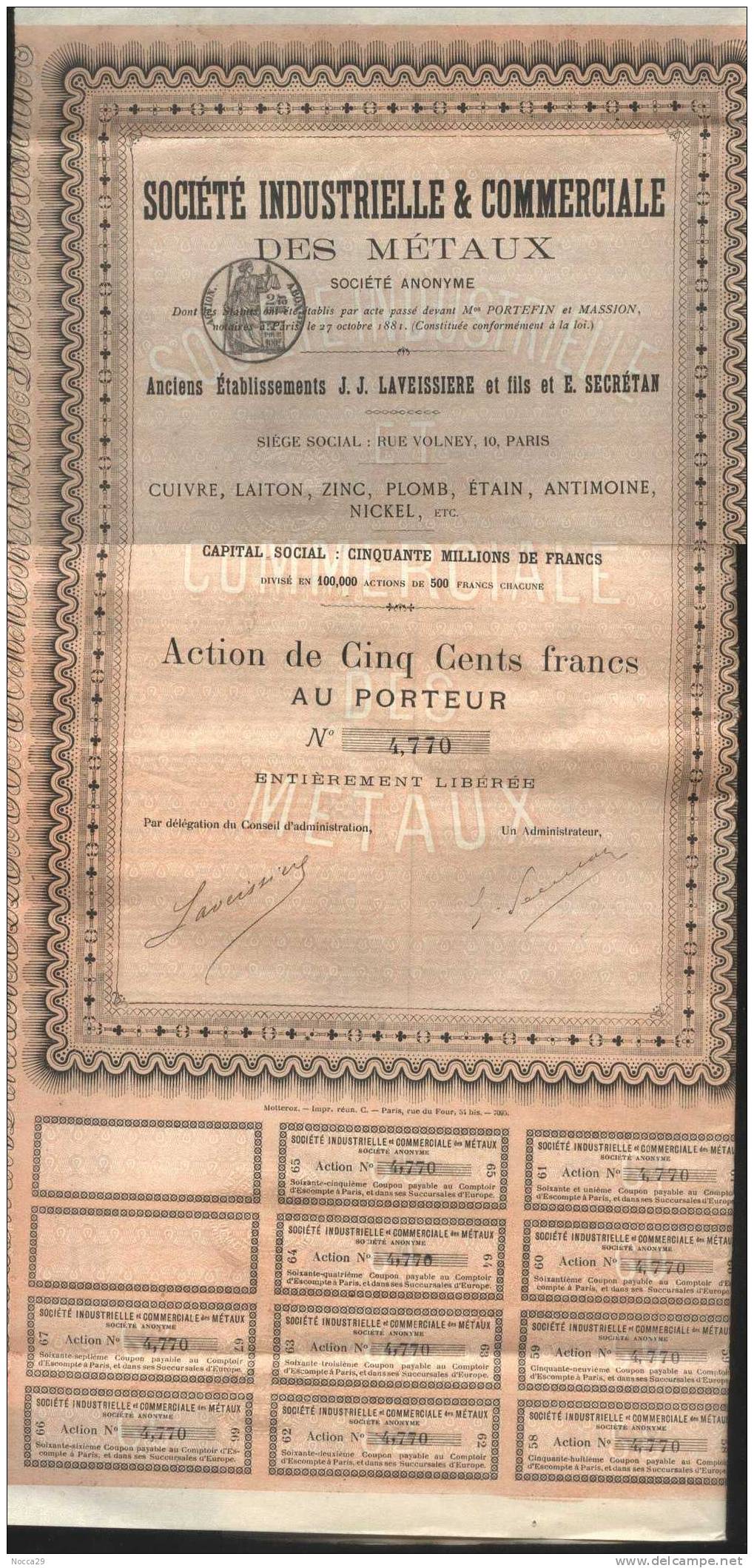 TITOLO AZIONARIO 1881 SOCIETE INDUSTRIELLE & COMMERCIALE DES METAUX - FRANCIA - A - C