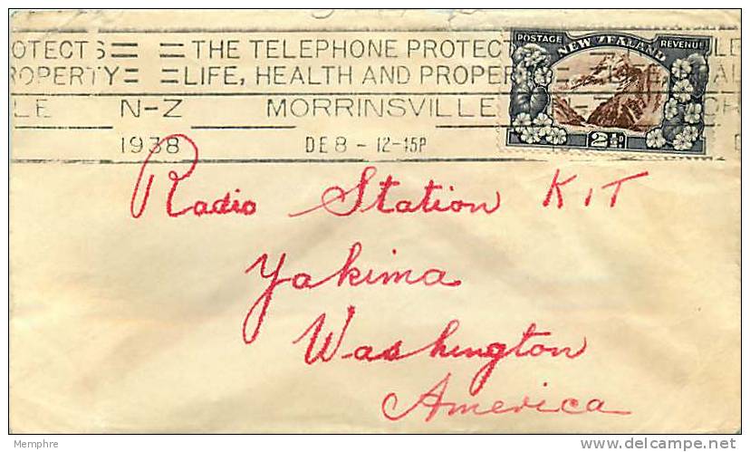 1938  2 1/2 D. Mt Cook Single On Letter To USA  Perf 13.6 X 13.6  Morrinsville Line Cancel - Covers & Documents