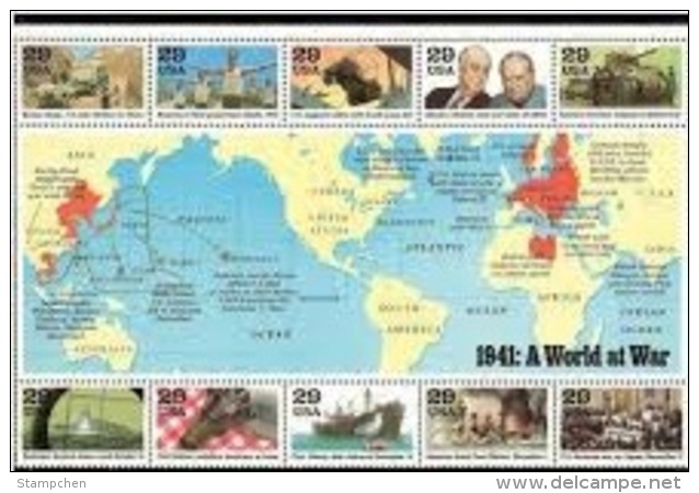 1991 USA World War II Sheet Sc#2559 Map Truck Roosevelt Churchill Ship Tank Flag Bird WWII - Sir Winston Churchill