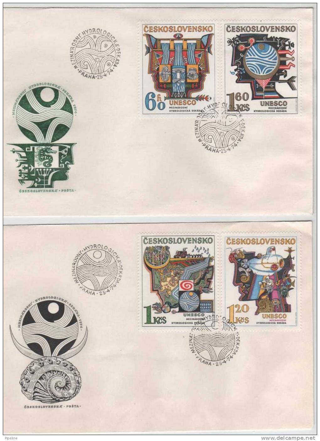 Czechoslovakia FDC 25-4-1974 UNESCO Cmplete Set Of 5 Stamps On 3 Covers With Cachet - FDC