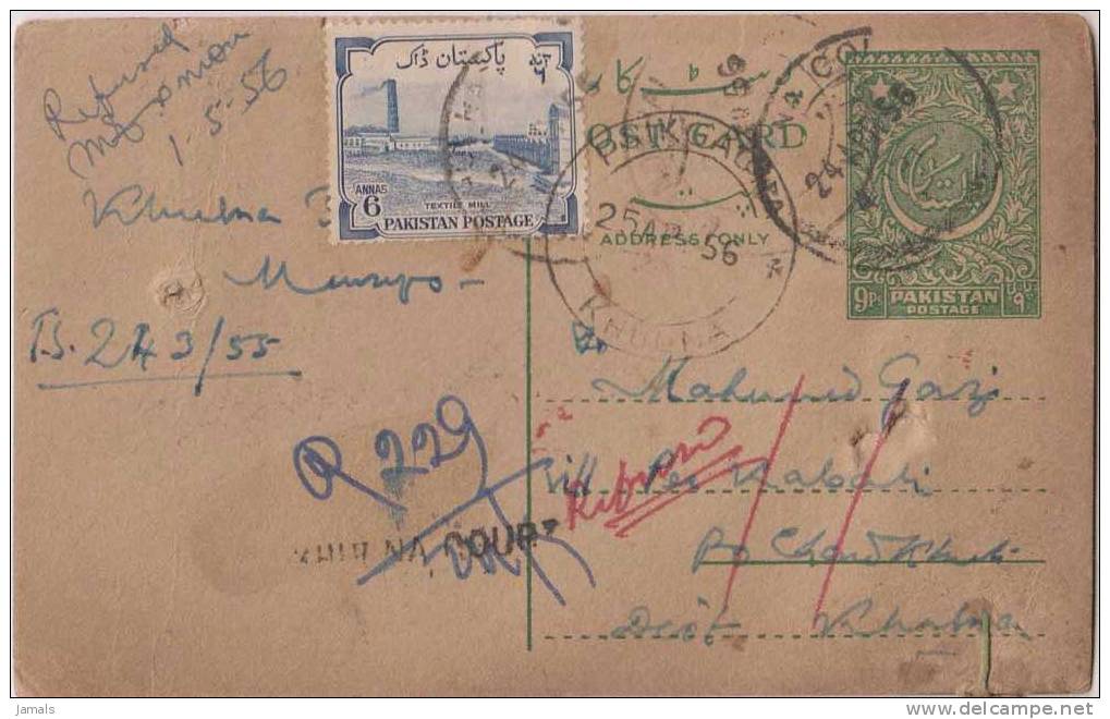 Registered Postal Card, Refused, Postal History, Used Pakistan As Per The Scan - Pakistan