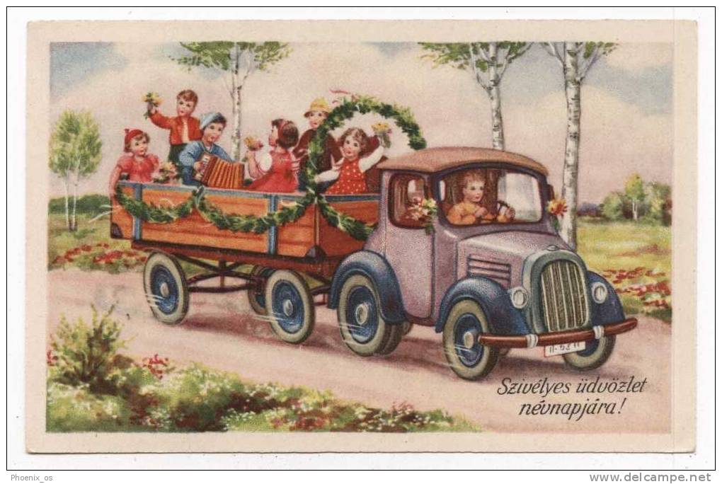 TRUCKS - Trailer, Children, Old Postcard - Transporter & LKW