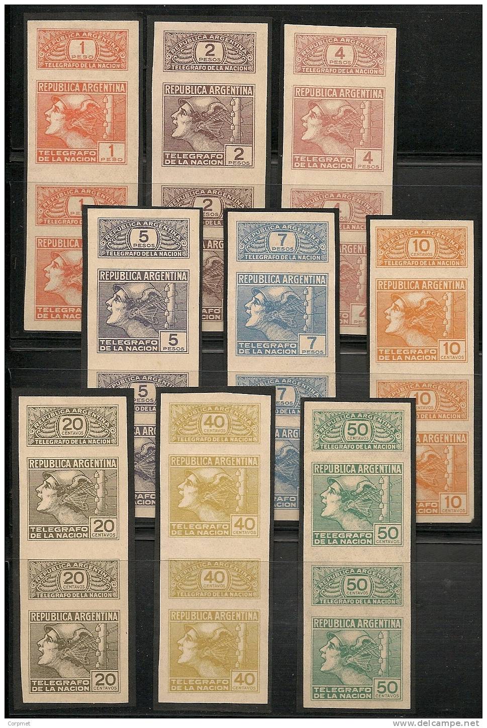ARGENTINA - TELEGRAPH STAMPS - 1930 ESSAYS / PROOFS IMPERFORATE PAIRS In DIFF COLORS AND VALUES -Complete Set Of 9 - - Telégrafo
