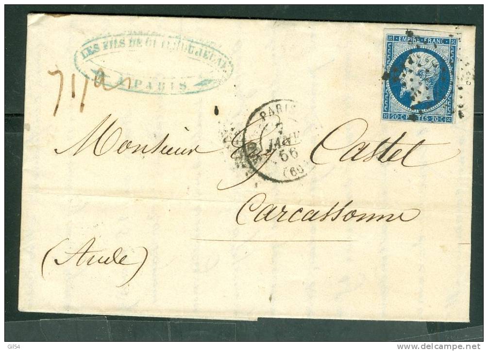 Yvert N°14 Sur Lettre Oblitéré Etoile Muette  , Cad Paris 60 En 1856 - Aw5813 - 1849-1876: Période Classique