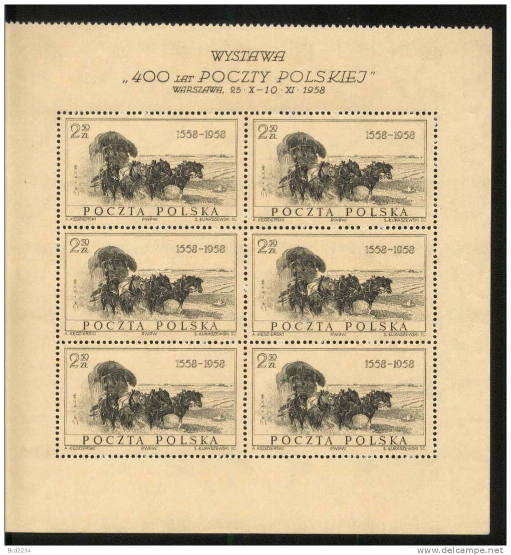 POLAND 1958 400 YEARS POLISH POST OFFICE WARSAW EXHIBITION MS WITH TOP PERFORATED NHM Horses Carriage Stagecoach - Blocs & Hojas