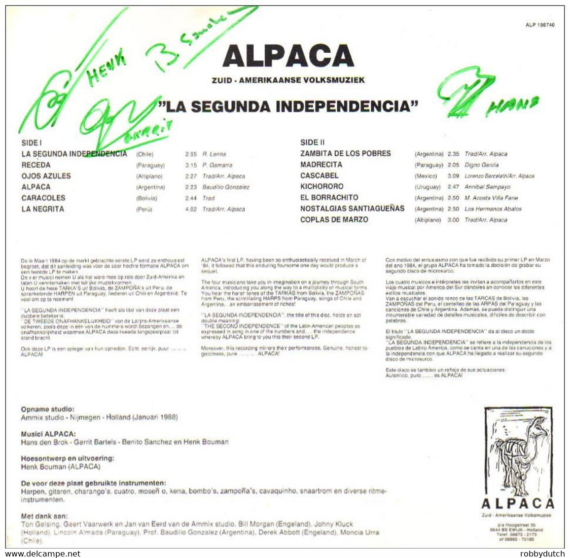 * LP *  ALPACA - LA SEGUNDA INDEPENDENCIA (1987 Holland Hand Signed!!!) - Autographes