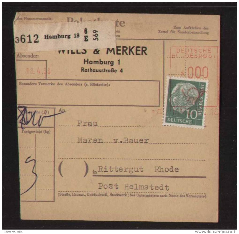 Bund - Paketkarte Mit Heuss MiF Und Paketkartenfreistempler "HAMBURG 18" - Vom 18.4.1956 - Briefe U. Dokumente