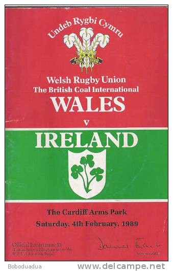 Programma Rugby Wales - Ireland  Five Nations 1989 Cardiff Arms Park - Rugby