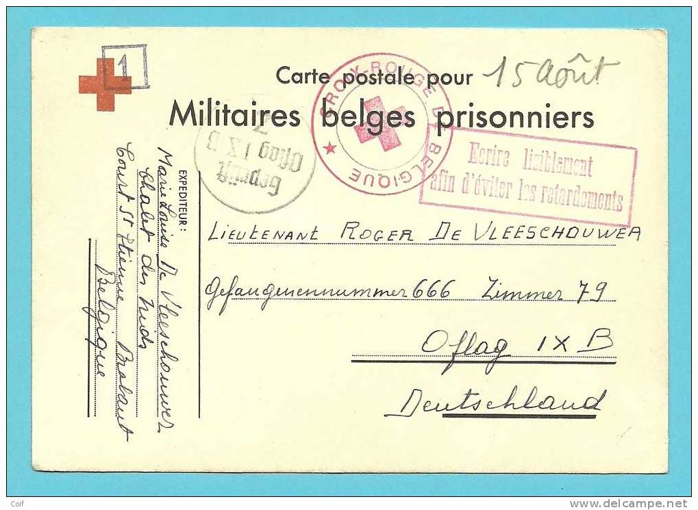 Militaire Belge Prisonniers (van Court-Saint-Etienne) , Stempel ROOD KRUIS VAN BELGIE + Gepruft Oflag IX B - Guerre 40-45 (Lettres & Documents)