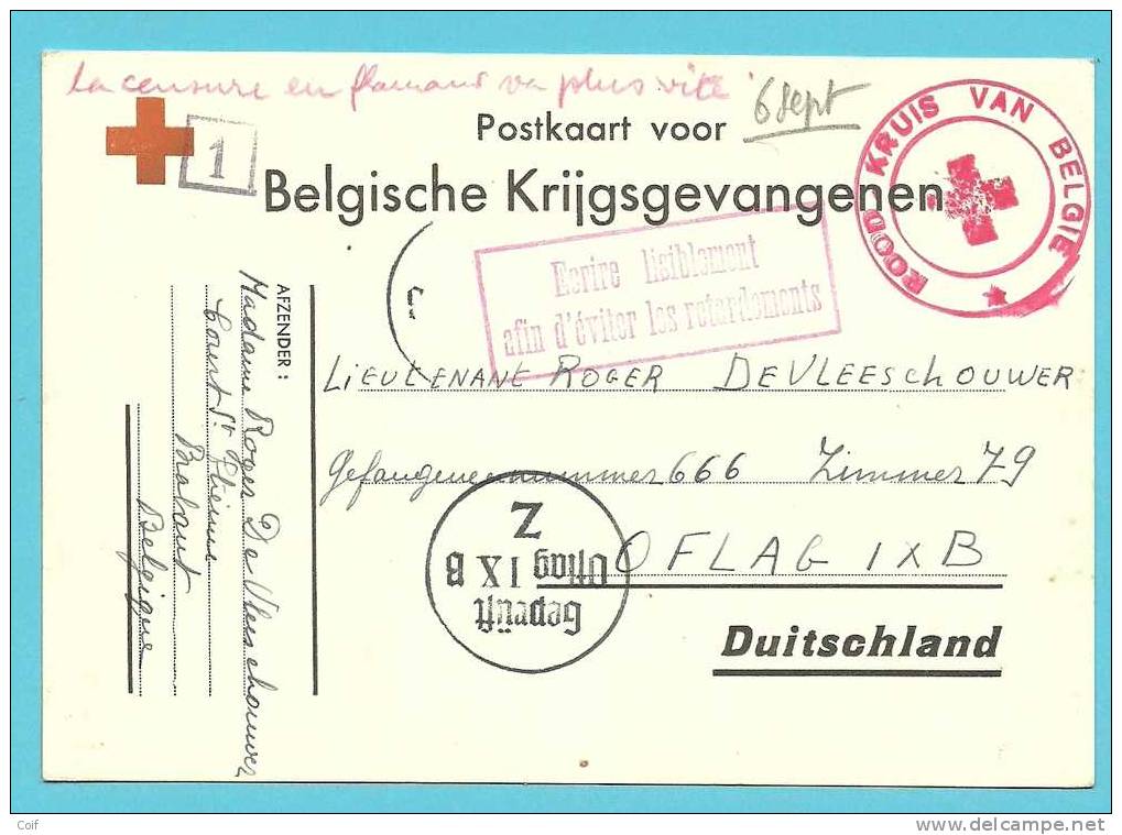 Militaire Belge Prisonniers (van Court-Saint-Etienne) , Stempel ROOD KRUIS VAN BELGIE + Gepruft Oflag IX B - Guerre 40-45 (Lettres & Documents)