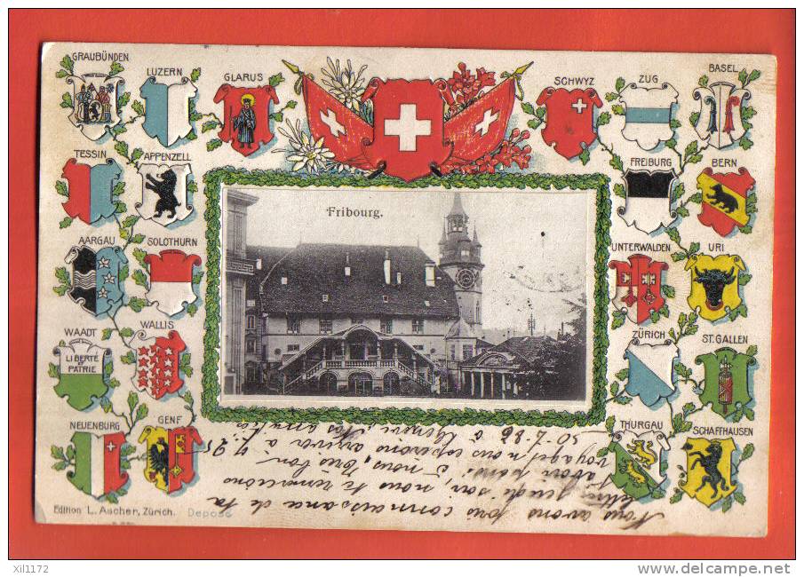 L032 Vue De Fribourg, Encadré Par Les Blasons Des Cantons Suisses.Relief,Gaufré.Litho Avec Photo,Précurseur.Cachet 1905. - Fribourg