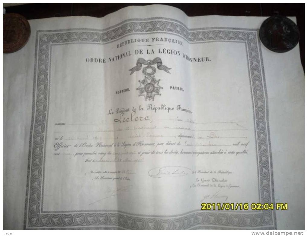 Diplome De La Legion D'Honneur  OFFICIER Major Dragons Cavalerie  1906 - Documents