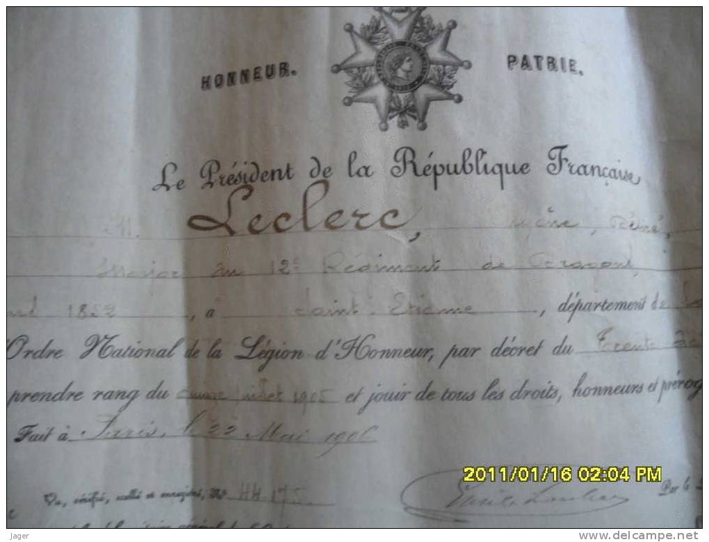 Diplome De La Legion D'Honneur  OFFICIER Major Dragons Cavalerie  1906 - Documents