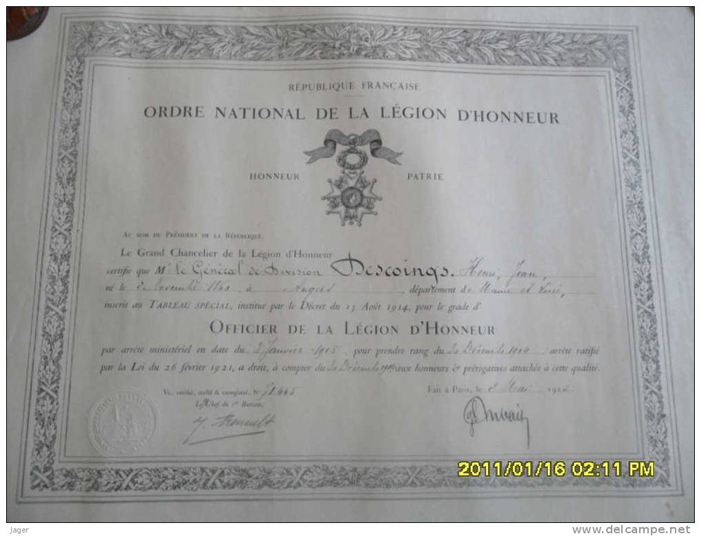 Diplome De La Legion D'Honneur  OFFICIER  Pour Un General Guerre 1914 1918 - Documents