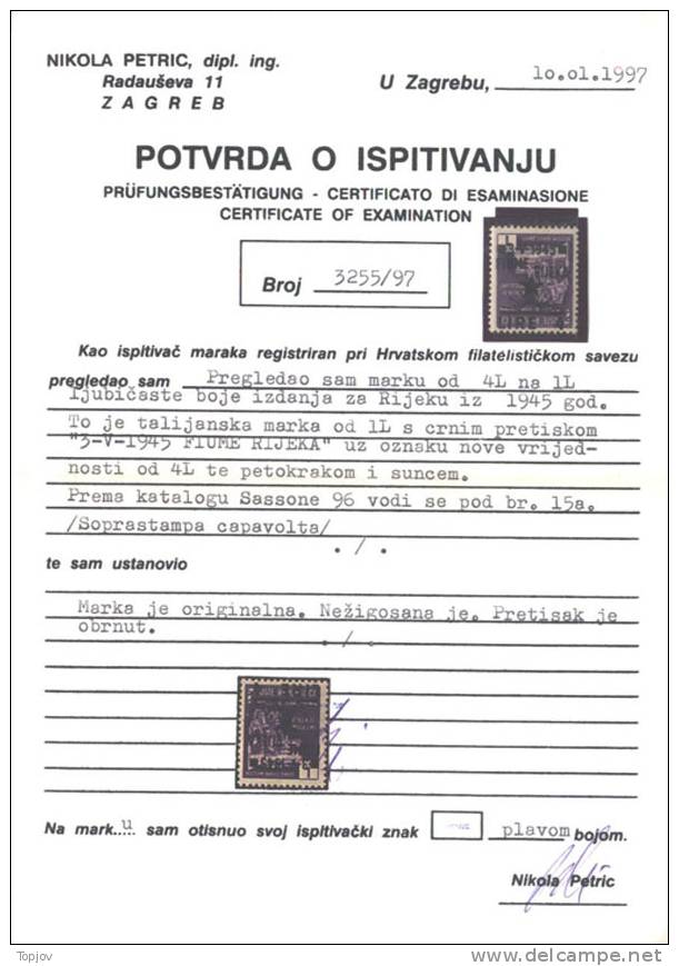 FIUME - RIJEKA - YUGOSLAVIA - CROATIA -  LITORALE -SOPRAST.CAPAVOLTA - INVERTED OVPT. - 1945 - MNH ** Certif. - Joegoslavische Bez.: Fiume