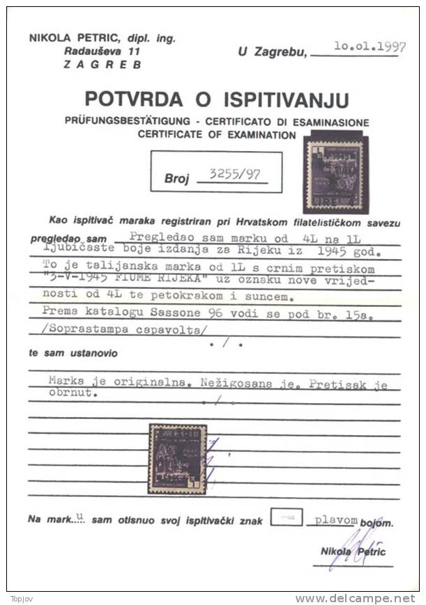 FIUME - RIJEKA - YUGOSLAVIA - CROATIA -  LITORALE -SOPRAST.CAPAVOLTA - INVERTED OVPT. - 1945 - MNH ** Certif. - Yugoslavian Occ.: Fiume