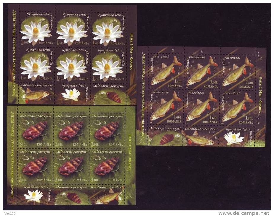 Fish Thermal Water Lily Snail Mollusk MNH STAMPS WITH TABS 2008 Romania - Full Sheets & Multiples