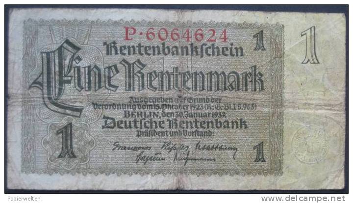 1 Rentenmark 1937 (WPM 173a / Rosenberg 166a) 30.1.1937 - 1 Rentenmark