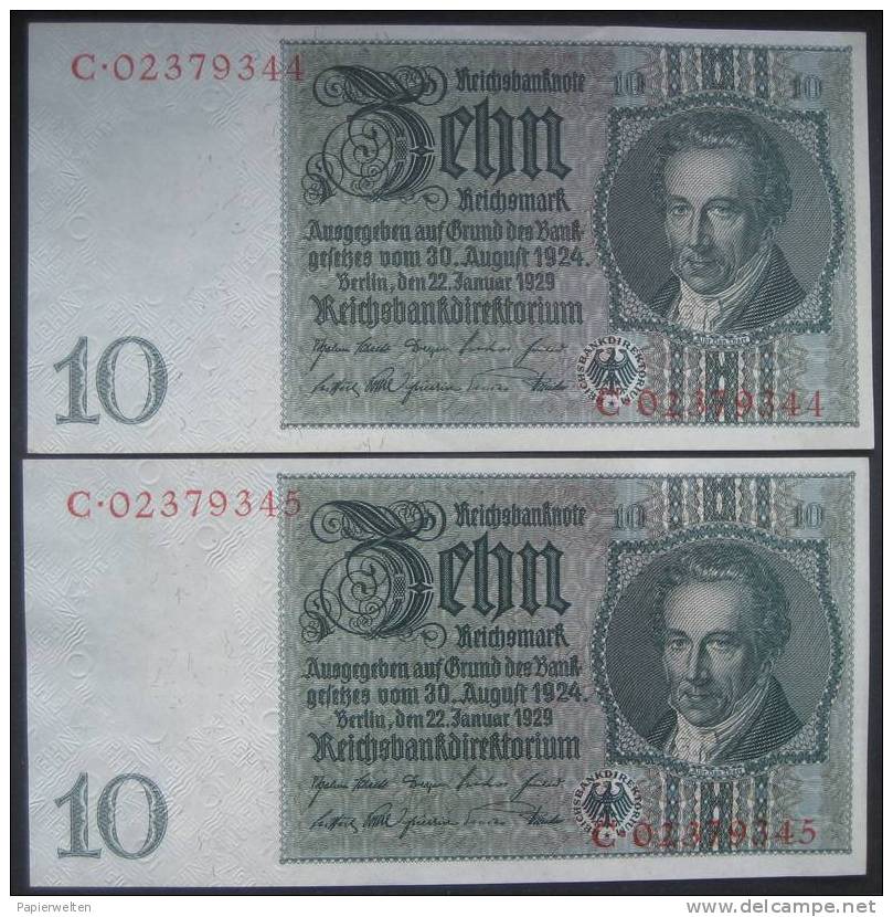 2 X 10 Mark 1929 (WPM 180b) Fortlaufende SerienNummer! 22.1.1929 - 10 Reichsmark