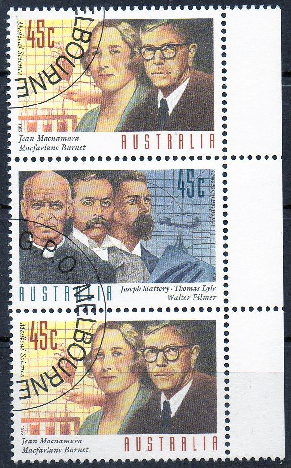 Australia 1995 Medical Scientists 45c Vertical Strip Of 3 B CTO - Gebraucht