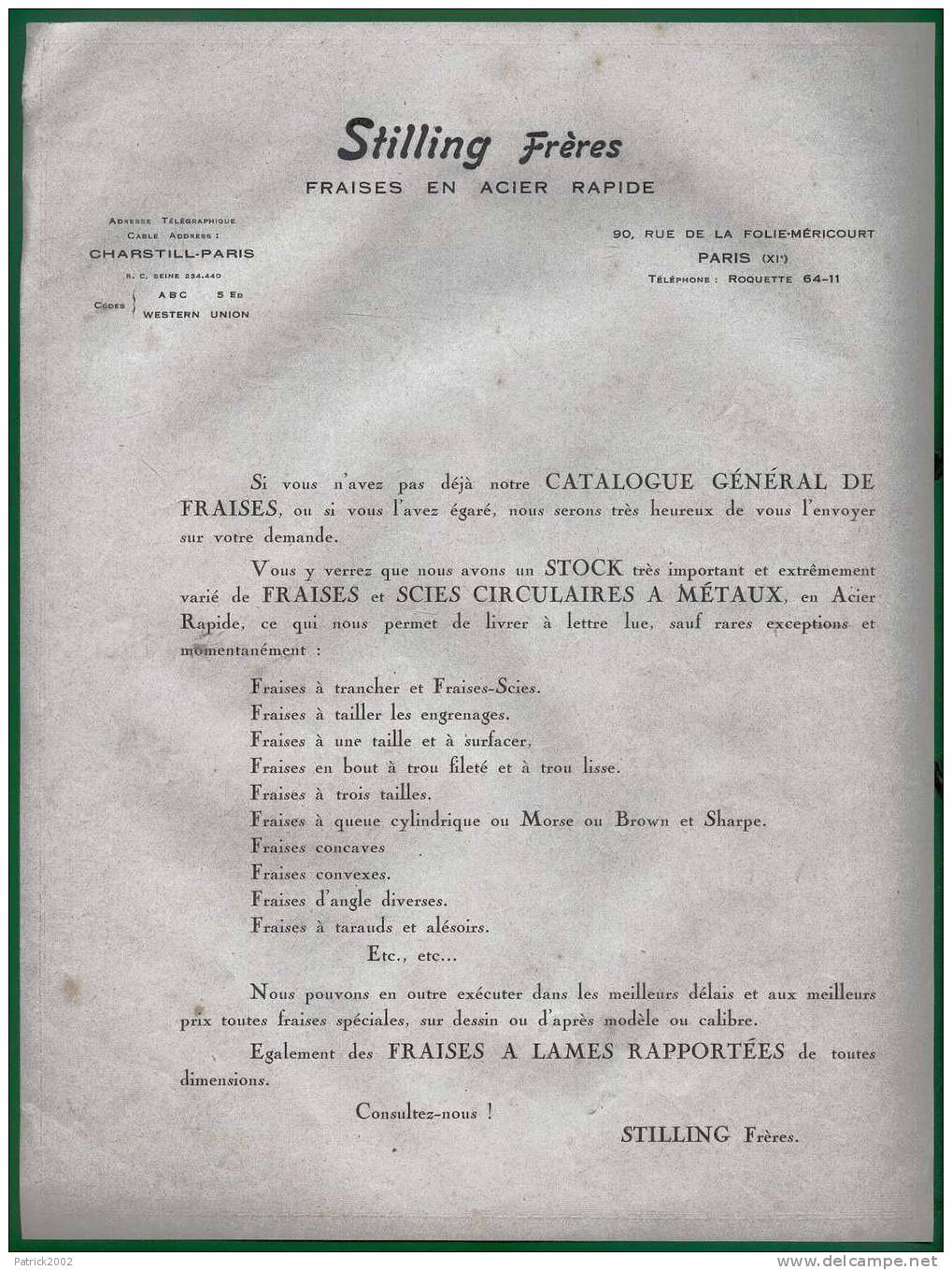 S T I L L I N G  Frères _ PARIS _ 90 Rue De La FOLIE MÉRICOURT. XIe ________ OCTOBRE 1924 - Publicités