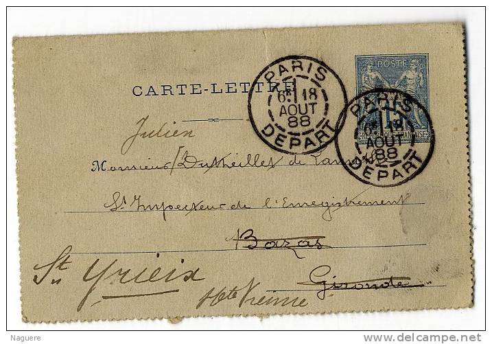 ENTIER POSTAL  -  CARTE LETTRE  TYPE SAGE 15c  -  PARIS DEPART 1888 - Kaartbrieven