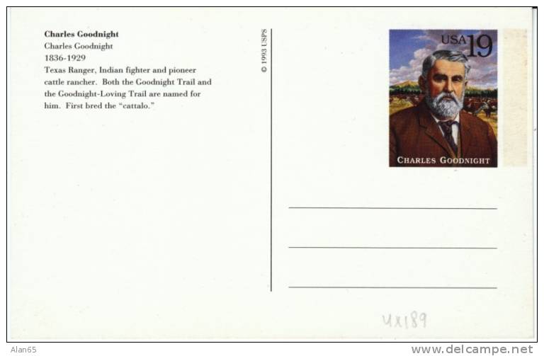 Scott #UX189 Postal Card, Legends Of The West, Charles Goodnight, Texas Ranger Rancher - Covers & Documents